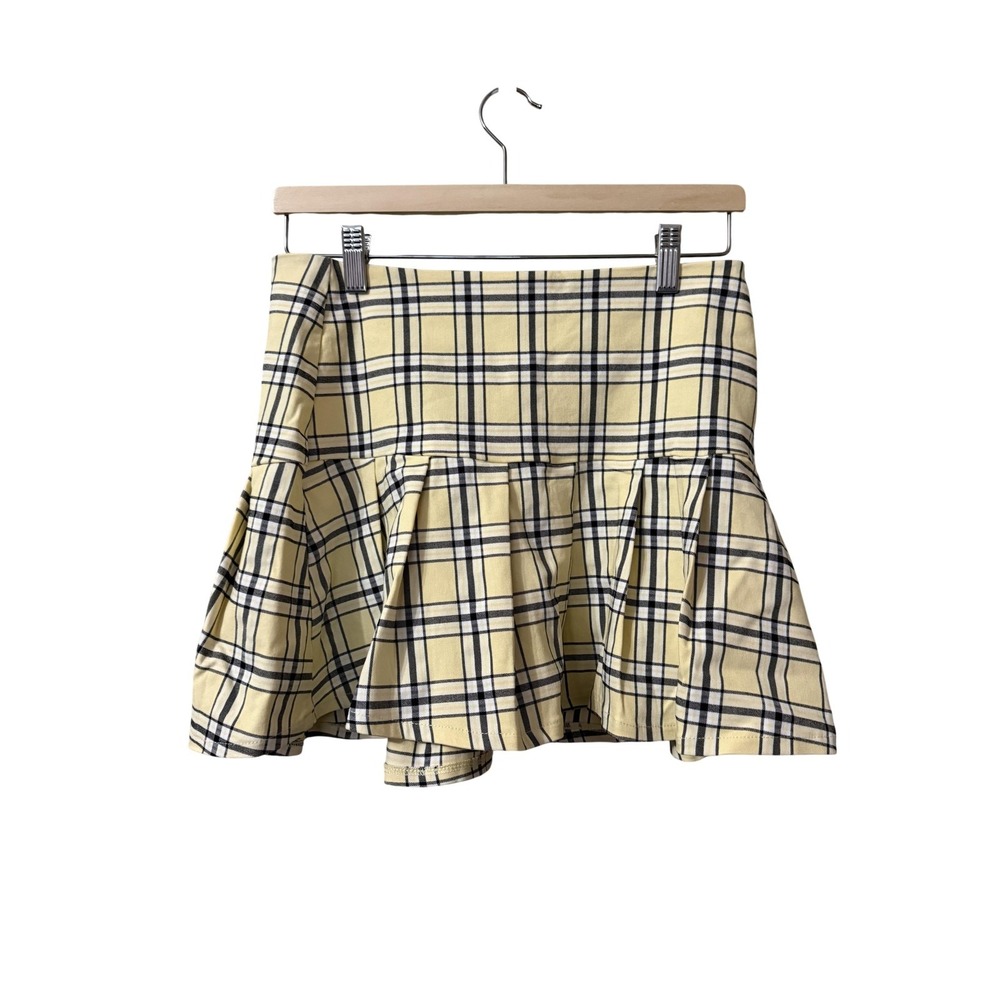 Garage Skirt Womens M Yellow Plaid Skater Pleated Ruffle Twill Stretch Zip